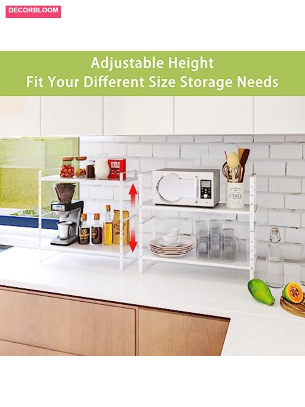 Expandable Cabinet Shelf Organizer, Stackable Kitchen Counter Storage Rack, - Picture 3 of 6